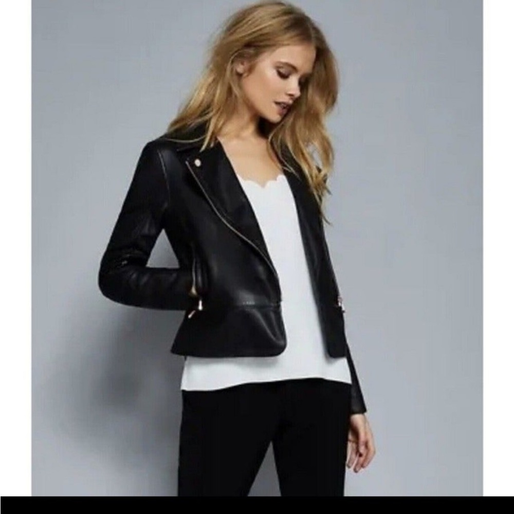 Ted Baker Lizia Black Leather Biker Jacket RARE Size 2 = US 4-6 (small)
